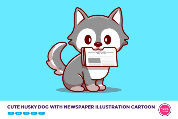 Cute Husky Dog with Newspaper Cartoon Graphics