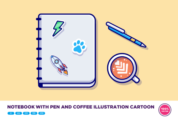 Notebook with Pen and Coffee Cartoon: Graphics & Illustrations